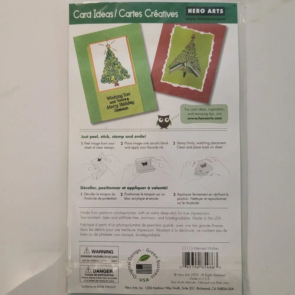Hero Arts MERRIEST WISHES Clear Cling Stamp Set of 12 Trees Ornaments Swirls